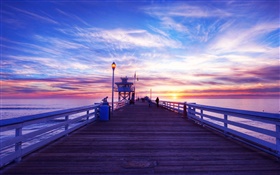 Pier, sunset, clouds, bridge, people HD wallpaper