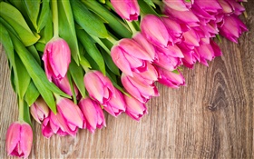 Pink tulips, wood board