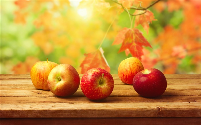 Red apples, wooden table, autumn, leaves Wallpapers Pictures Photos Images