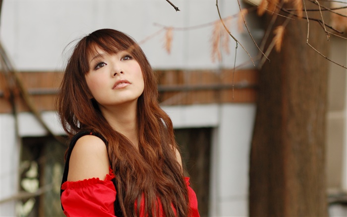 Red dress Asian girl in the autumn Wallpapers Pictures Photos Images