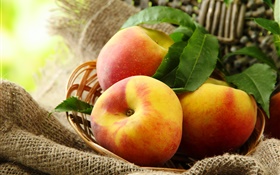 Red peaches, leaves, basket HD wallpaper