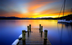 River, pier, boat, sunrise, morning