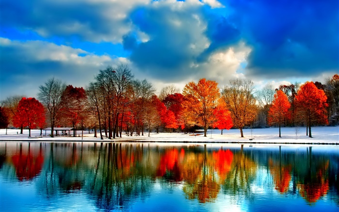River, trees, autumn, clouds, snow, blue sky Wallpapers Pictures Photos Images