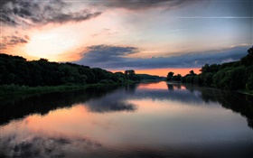 River, trees, clouds, dusk HD wallpaper