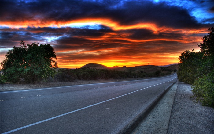 Road, dusk, clouds, red sky Wallpapers Pictures Photos Images