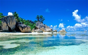 Seychelles Island, beautiful scenery, sea, stones, clouds, beach HD wallpaper