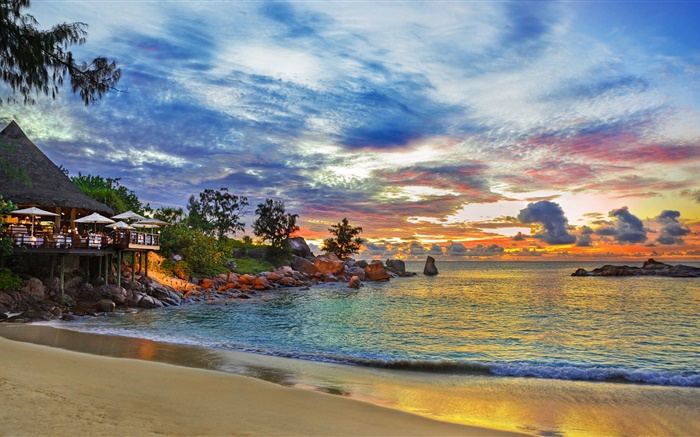 Seychelles Island, resort house, night, lights, sea, beach Wallpapers Pictures Photos Images