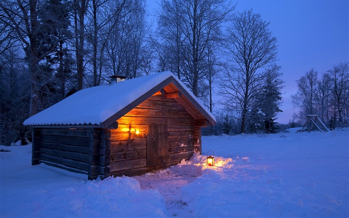 Snow, wooden house, bare trees, winter, night, Sweden Wallpapers Pictures Photos Images