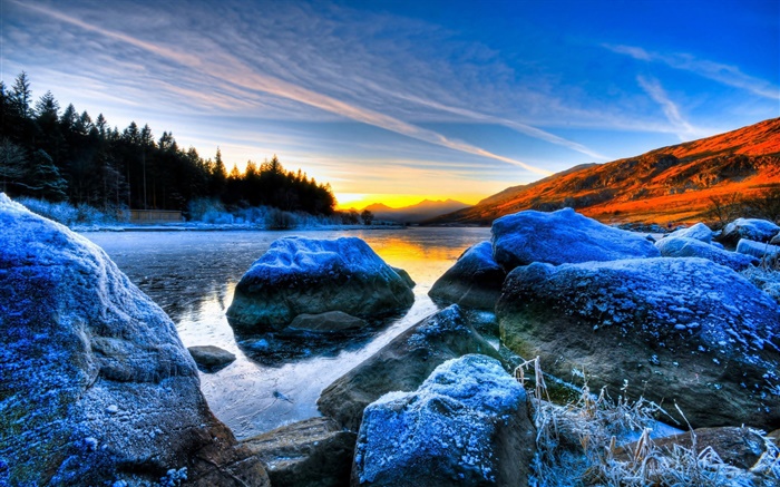 Stones, sunset, trees, volcanic lake Wallpapers Pictures Photos Images