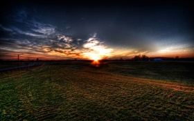 Sunset, fields, clouds, dusk HD wallpaper