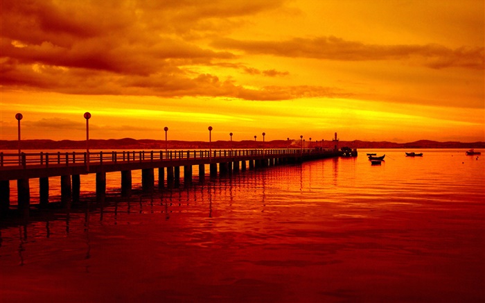 Sunset, pier, red style, boats, river Wallpapers Pictures Photos Images