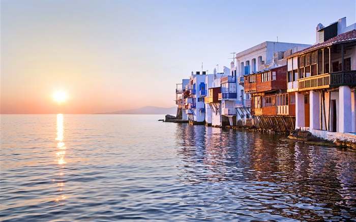 Sunset, sea, house, Little Venice, Mykonos, Greece Wallpapers Pictures Photos Images