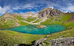 Volcanic lake, mountains, blue sky HD wallpaper