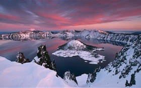 Volcanic lake, snow, island HD wallpaper
