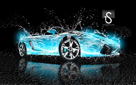 Water splash car, blue Lamborghini, creative design HD wallpaper