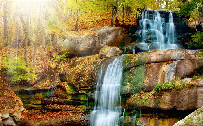 Waterfalls, stones, autumn, trees, sun Wallpapers Pictures Photos Images