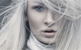 White hair, blue eyes, girl face close-up