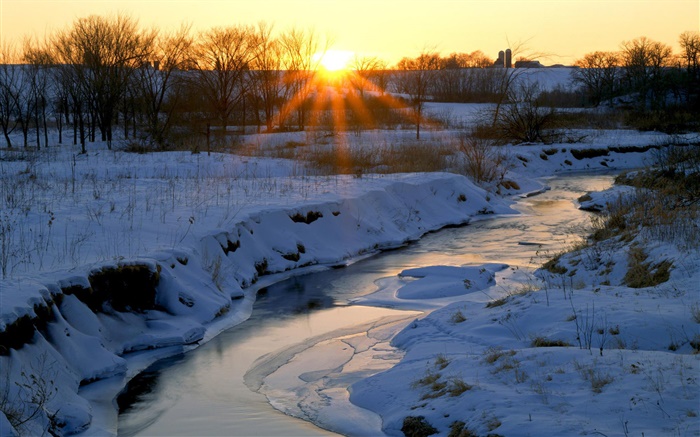 Winter, river, snow, trees, dawn, sunrise Wallpapers Pictures Photos Images