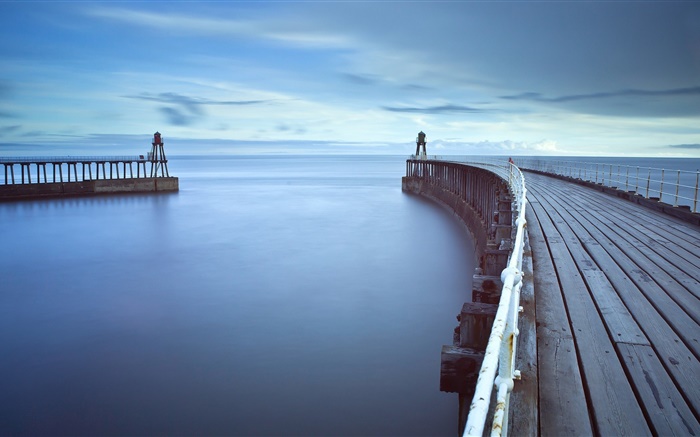 Wooden bridge, pier, lighthouse, sea, dawn Wallpapers Pictures Photos Images