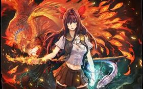 Anime girl, Phoenix Flame HD wallpaper