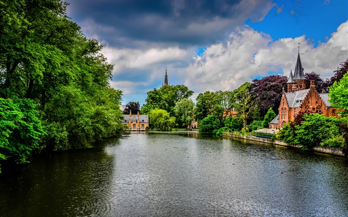 Brugge, Belgium, Minnewater Park, river, buildings, trees, clouds Wallpapers Pictures Photos Images