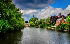 Brugge, Belgium, Minnewater Park, river, buildings, trees, clouds