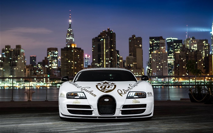 Bugatti Veyron white supercar front view, night Wallpapers Pictures Photos Images