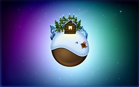 Christmas theme pictures, earth, trees, house, snow, creative HD wallpaper