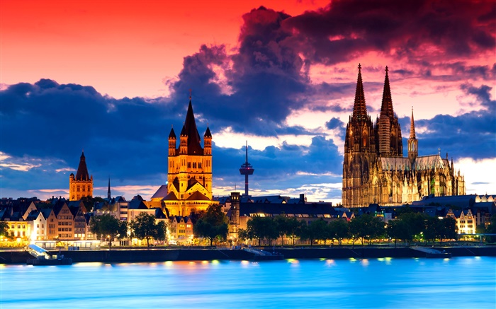Cologne, Germany, cathedral, city, night, river, clouds Wallpapers Pictures Photos Images