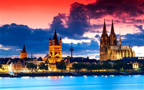 Cologne, Germany, cathedral, city, night, river, clouds