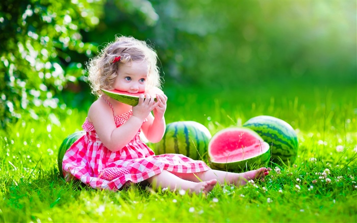 Cute baby, girl eating watermelon, summer, meadow Wallpapers Pictures Photos Images