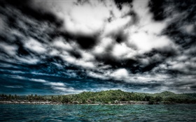 Dark blue clouds, house, sea, coast HD wallpaper
