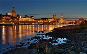 Dresden, Germany, city, houses, buildings, river, night, lights