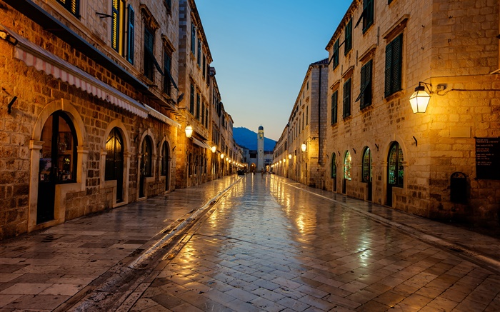 Dubrovnik, Croatia, sunset, footpath, house, lights Wallpapers Pictures Photos Images