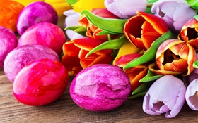 Easter eggs, tulip flowers