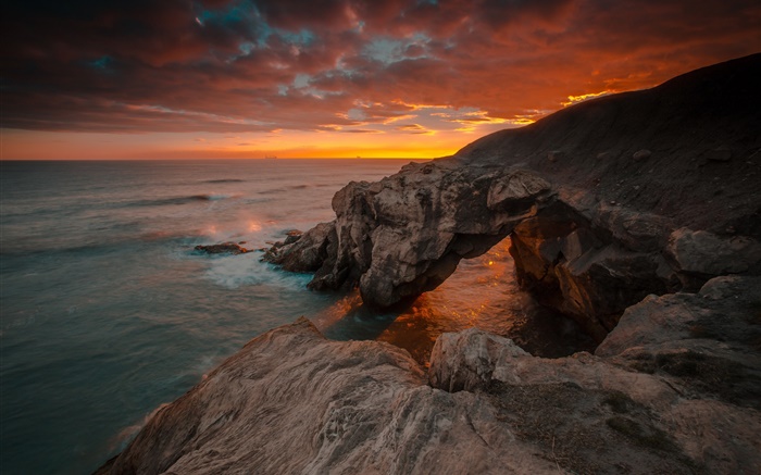 England, Northumberland, sea, rocks, sunrise, red sky Wallpapers Pictures Photos Images