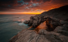 England, Northumberland, sea, rocks, sunrise, red sky