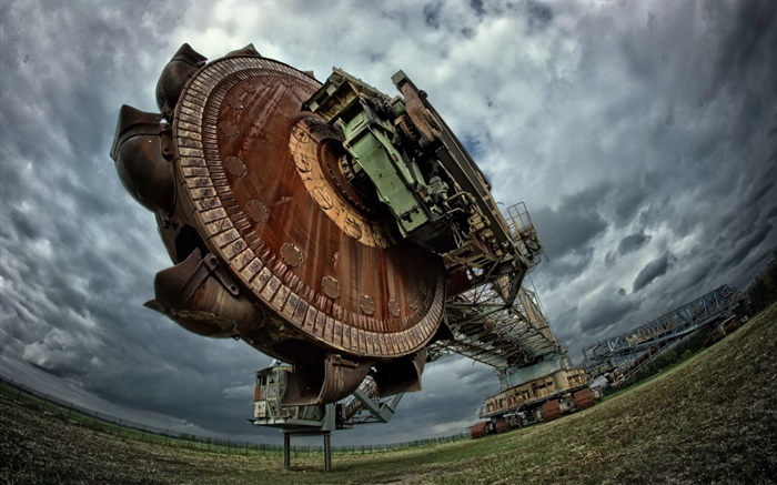 Excavator, machine, clouds, field Wallpapers Pictures Photos Images