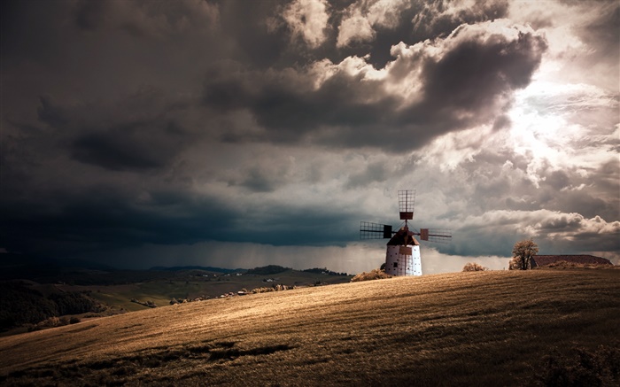Farmland, mill, thick clouds Wallpapers Pictures Photos Images