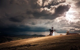Farmland, mill, thick clouds HD wallpaper