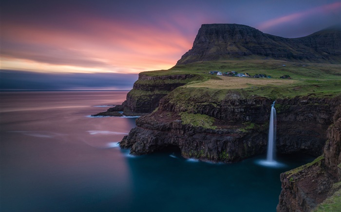 Faroe Islands, waterfall, Atlantic, mountain, rocks, house, dusk Wallpapers Pictures Photos Images