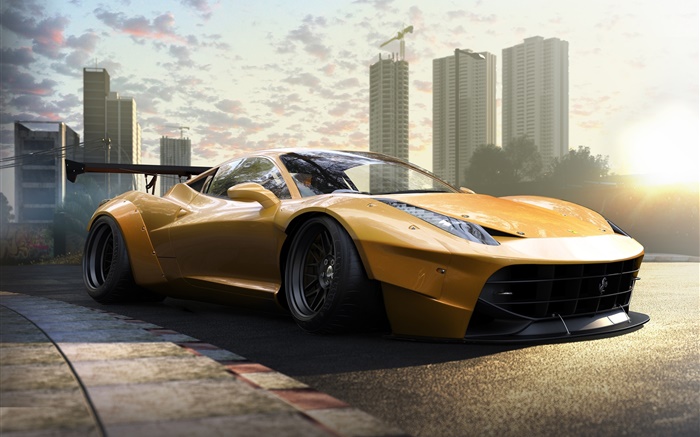 Ferrari 458 Italia yellow supercar at city Wallpapers Pictures Photos Images