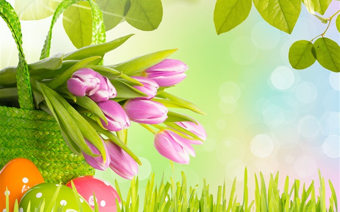 Flowers, purple tulips, grass, spring, eggs, Easter Wallpapers Pictures Photos Images