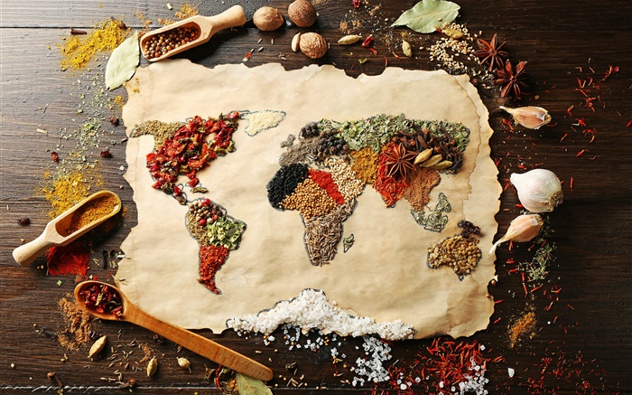 Food, spices, surface, world map, creative pictures Wallpapers Pictures Photos Images