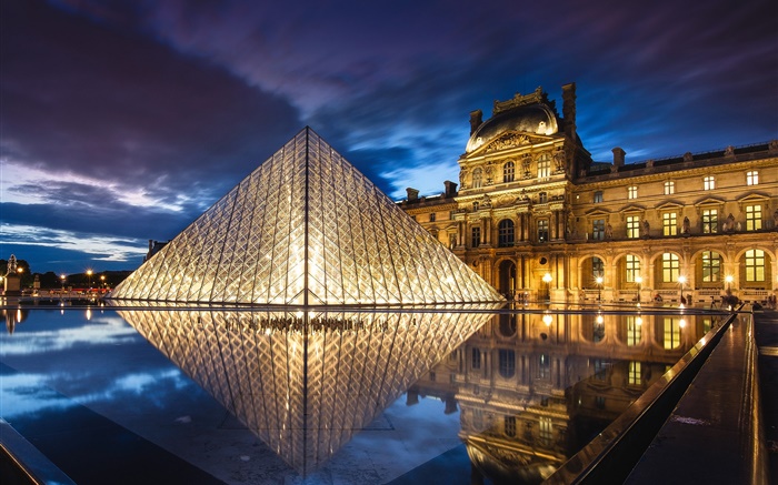 France, Paris, Louvre Museum, pyramid, night, water, lights Wallpapers Pictures Photos Images
