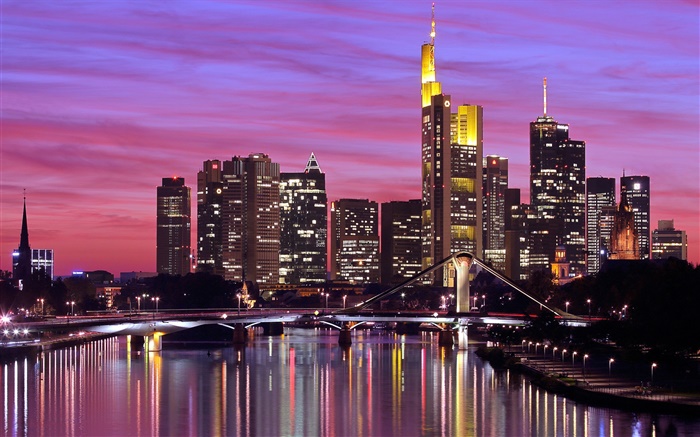 Frankfurt, Germany, city, river, bridge, lights, skyscrapers Wallpapers Pictures Photos Images