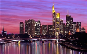 Frankfurt, Germany, city, river, bridge, lights, skyscrapers