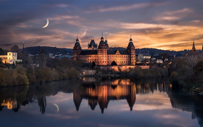 Germany, Aschaffenburg, night, moon, clouds, water reflection Wallpapers Pictures Photos Images