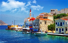 Greece, town, pier, boat, house HD wallpaper