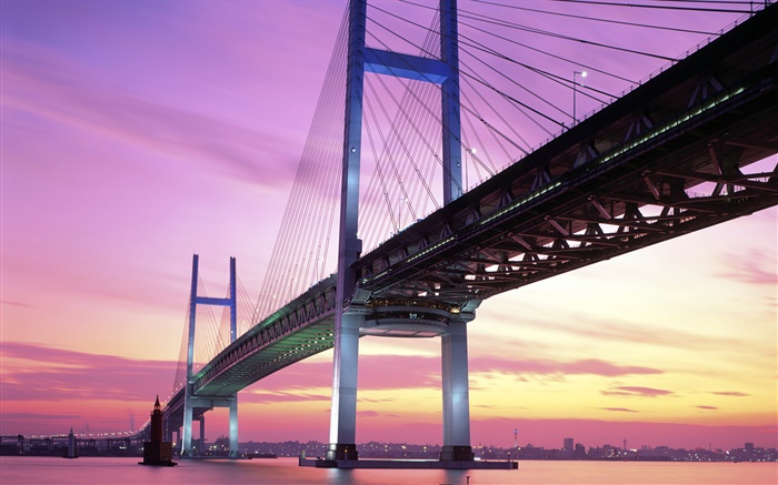 Japan, bridge, sea, sunset Wallpapers Pictures Photos Images